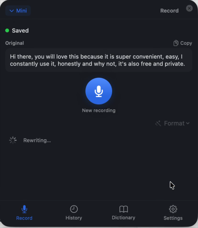 Voice Snippet transcript and rewrite screen
