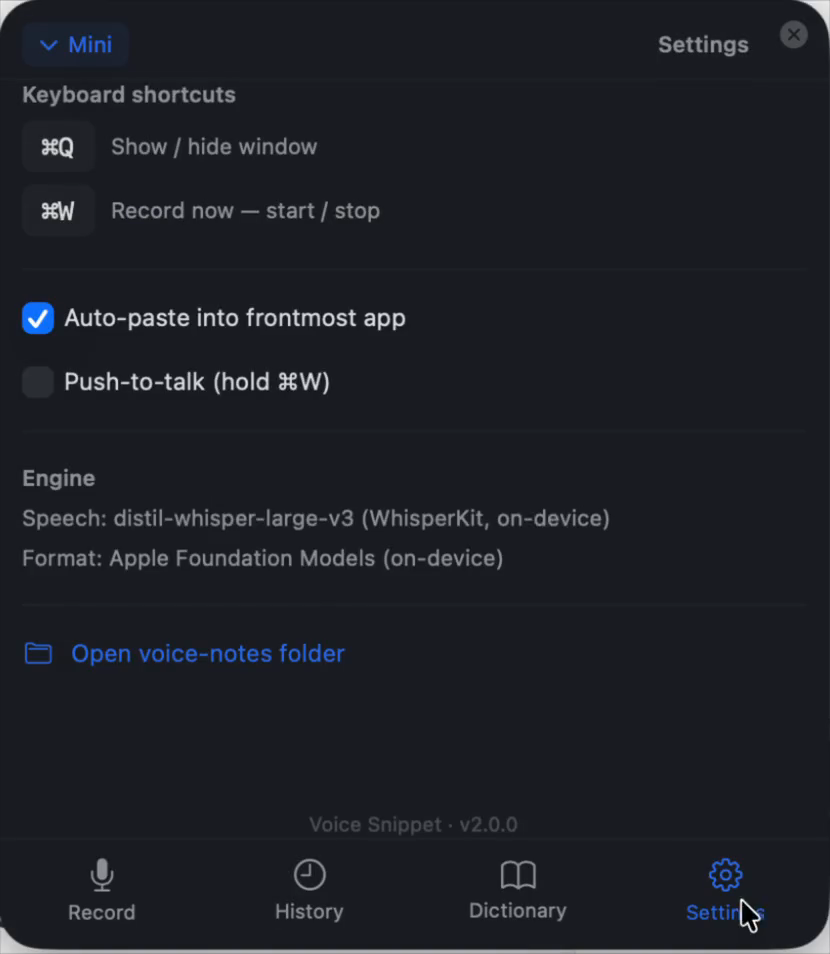 Voice Snippet settings and shortcuts screen