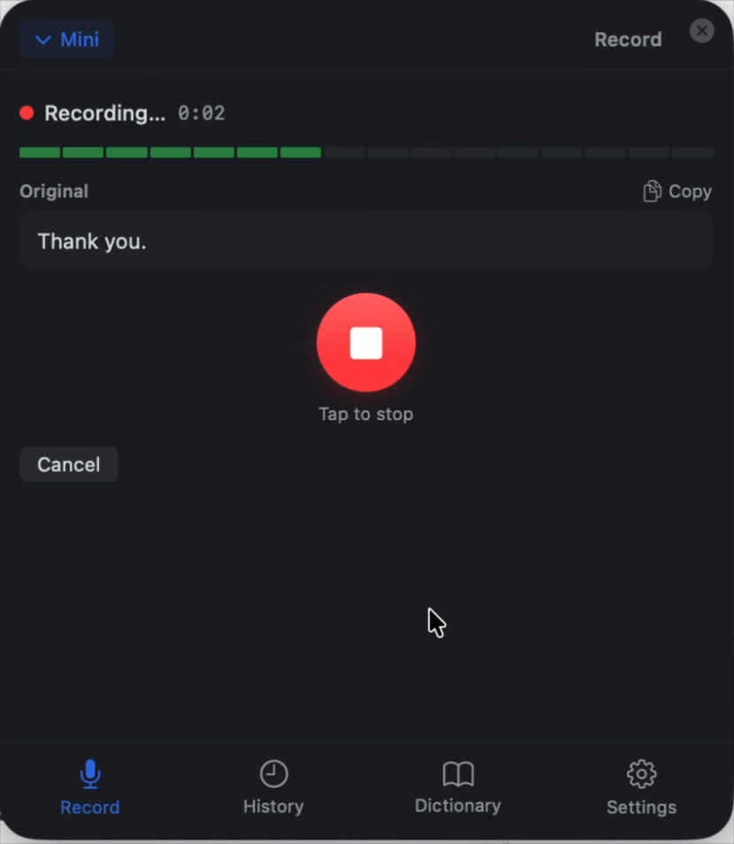 Voice Snippet recording screen